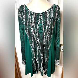 Style & Co Tunic Top Blouse Long Sleeve Emerald Green/Black/White Boho XL (READ)
